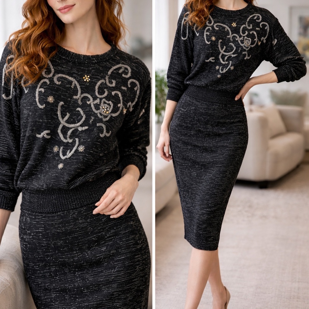 Nilani Vintage Beaded Knit‎ Sweater & Pencil Skirt Set (Size M)